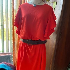 NWT Maggy London Tomato Red Flounce Waterfall MIDI